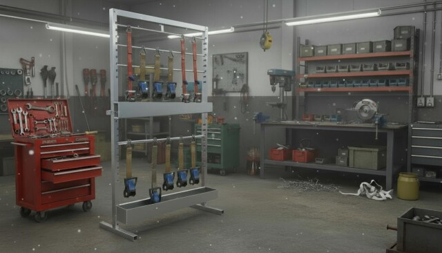 Aluminium smeerrek opgesteld in industri&euml;le werkplaats, gevuld met oranje spanbanden die netjes uithangen.