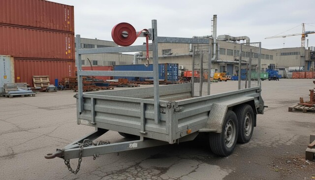 Spanbandoproller met magneten bevestigd aan de zijkant van een witte bedrijfsbus, klaar voor gebruik onderweg.